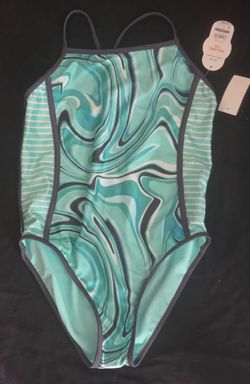 Wonder Nation XL (18) 1 Piece Swimsuit in Green Grav & White Swirl Pattern is a stvlish and comfortable swimsuit