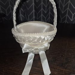 White Satin and Lace Flower Girl Basket with Pearls