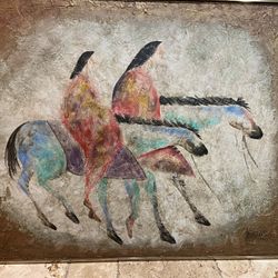 Vtg LEE REYNOLDS Tribal Native American Southwest Painting Horses 50 X 40”