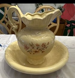 Ceramic Floral Pitcher and Bowl Set Beige Glossy Pottery Decorative 2-piece