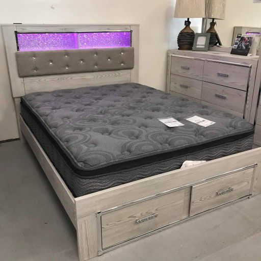 Queen panel bookcase bed with storage and LED lights 