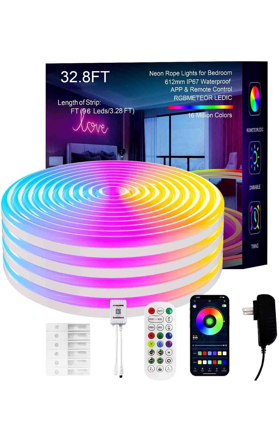 Neon Rope Lights, 32.8FT IC+RGB LED Strip Lights, App+Remote Control, Outdoor IP67 Waterproof, Music Sync, Color Changing, Flexible DIY Design Neon Li