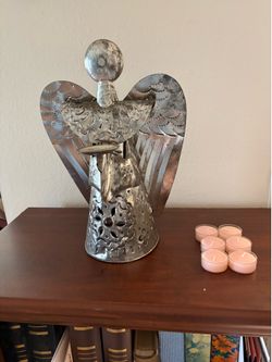 PUNCHED TIN METAL FOLK ART, ANGEL WITH SIX VOTIVE CANDLES