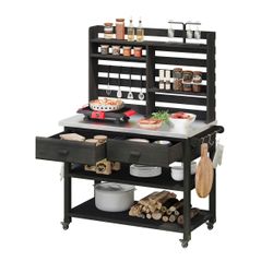 K&K 64.9H Outdoor Potting Bench Table with Lockable Wheels, Solid Wood Outdoor Kitchen Island with Upper Hutch, Stainless Steel Top, Towel Rack ,Outdo