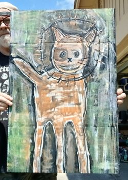 Cat Original Abstract Painting 30" x 20" Acrylic on Cardboard *30.00 Firm* Fits Standard 30x20 Frame