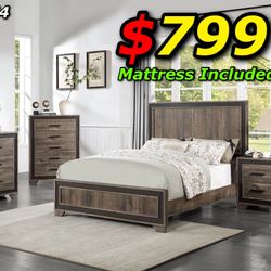 4pcs Queen Size Bedroom Set w. Mattress Included 