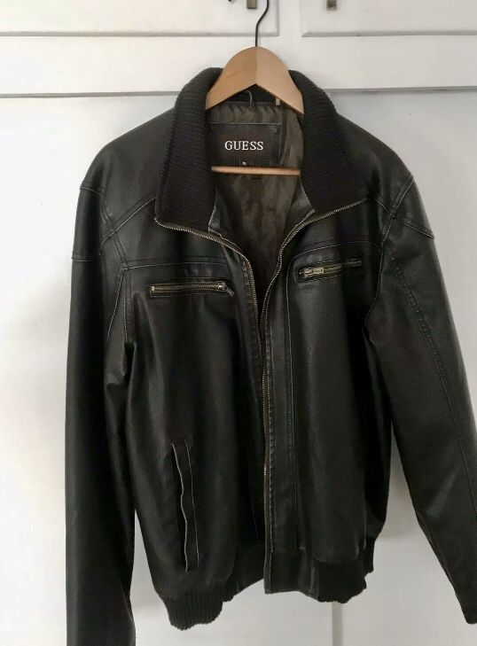 Men's Faux Leather Bomber/ Motorcycle Jacket w. Detachable Hood by Guess ( Authentic ), Brown- NEW, XL $34