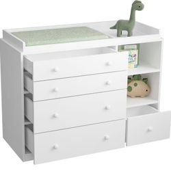 Changing Table Dresser, Baby Dresser with 5 Drawers and 2 Shelves, Multi-Functional Baby Changing Table, Classic Nursery Dresser, Diaper Changing Stat