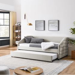 Twin size sofa bed with tufted trundle bed - Beige