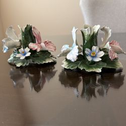 VTG Capodimonte Flower Candle Holder Set Made in Italy Porcelain Set of 2