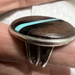 Navajo Sterling Silver Turquoise Onyx  Coral  Size 10 1/2 To 11 Vintage Ring