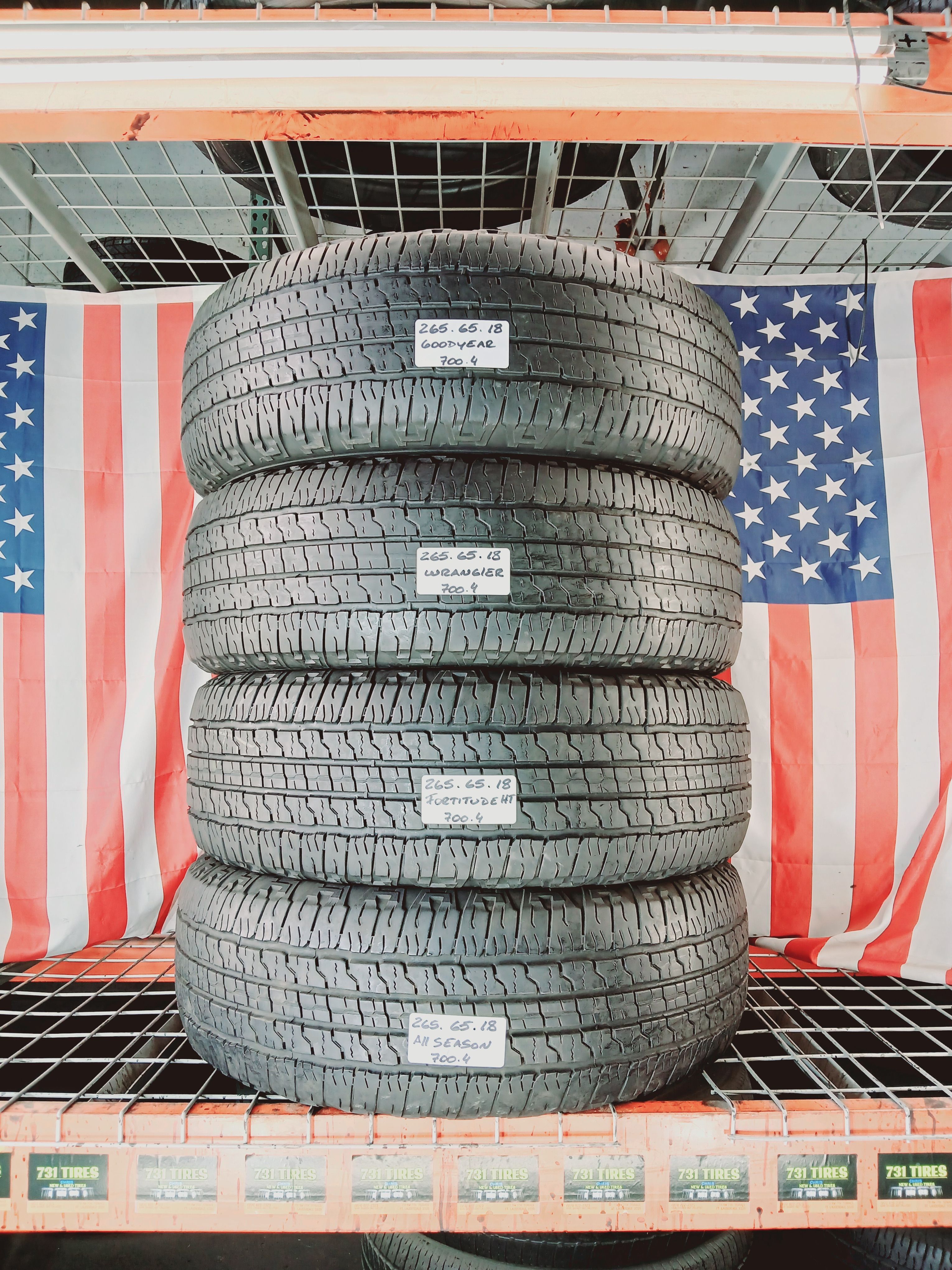 P265/65R18 GOODYEAR WRANGLER FORTITUDE H/T 265/65R18 ALL SEASON WEATHER TRACTION TRUCK SUV USED TIRES SET 265 65 18 GOMERA LLANTERA GOMAS USADAS