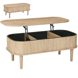 39.5 in Lift Top Coffee Table,Fluted Oval Coffee Table with 3 Hidden Compartment