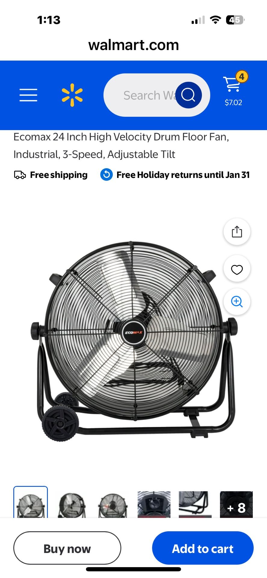 Ecomax 24 Inch High Velocity Drum Floor Fan, Industrial, 3-Speed, Adjustable Tilt