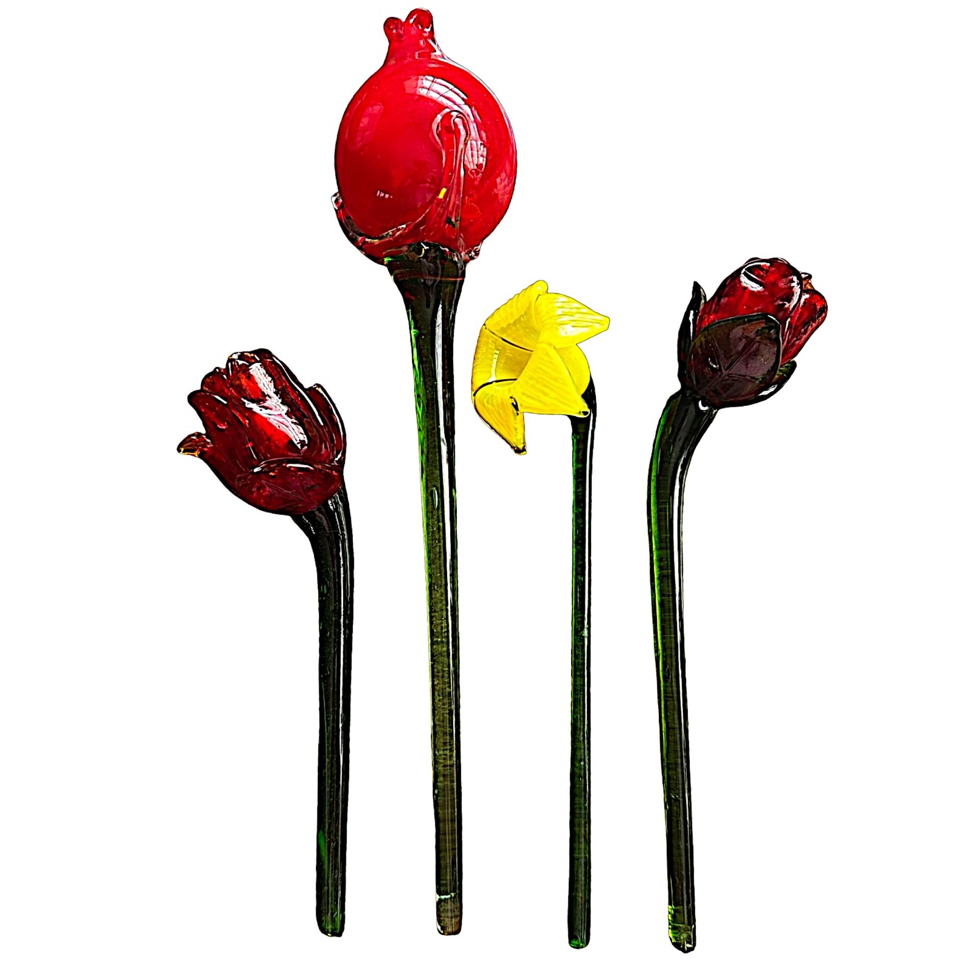 Hand Blown Long Stem Multicolor Glass Flower (set of 4) Murano Style