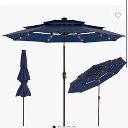 9FT 3-Tier Patio Umbrella with Solar LED Lights, Outdoor Table Umbrella with Tilt & Crank, Ventilated Large Market Umbrella with 8 Ribs, UV Protection