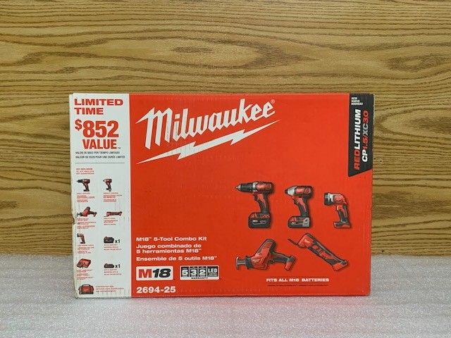 Milwaukee 2694-25 M18 18V Lithium-Ion Cordless 5 Tool Combo Kit