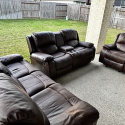 Brown Leather Recliner Sofa Set With Rocking Arm Chair and Cupholders