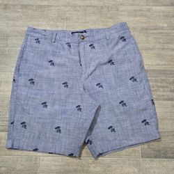 Men's Chaps Blue Flat Front Chino Shorts With House And Palm Tree Print Size 38