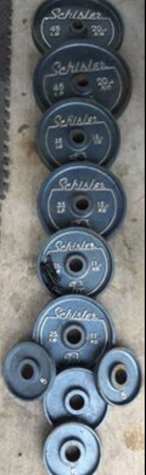 Vintage Olympic iron Schisler eagle head Olympic weights Buckeye barbell Columbus Ohio 45s 35s 25s pairs Single 10 Three 5s Just a pair of 45s