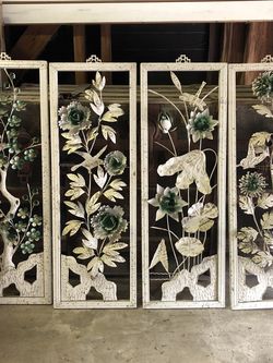 Vintage Boho 4 Panel Wall Art Floral Metal Sculptural