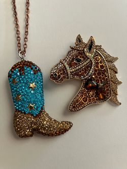 Cowgirl Jewelry Bundle - Fancy Rhinestone Horse Pin Badge + Cowboy Boot Charm Pendant Necklace