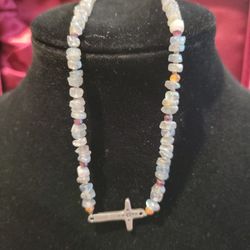 Sterling Silver Peyote Bird and Cross Multi-gemstones Ethiopian Opal Chips Choker Necklace 16" F8 