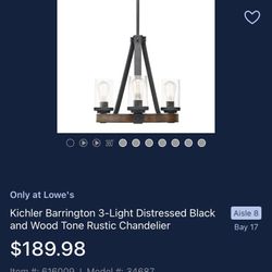 Kichler barrington 3-light Distressed Black And Wood Tone Rustic Chandelier
