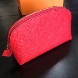 Louis Vuitton Style Red Leather Cosmetic Bag
