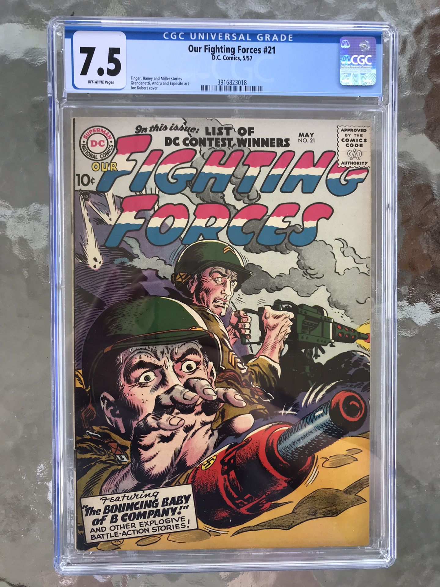 Our Fighting Forces #21 (1957) CGC 7.5 — Joe Kubert War Cover; Bill Finger