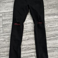 Black RTA Jeans With Distressed Knees And Red “rest in peace” Embroidery