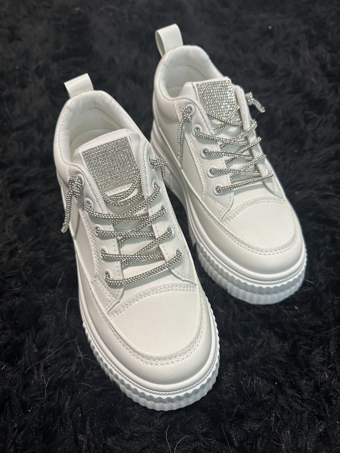 White Platform Sneakers With Rhinestone Laces