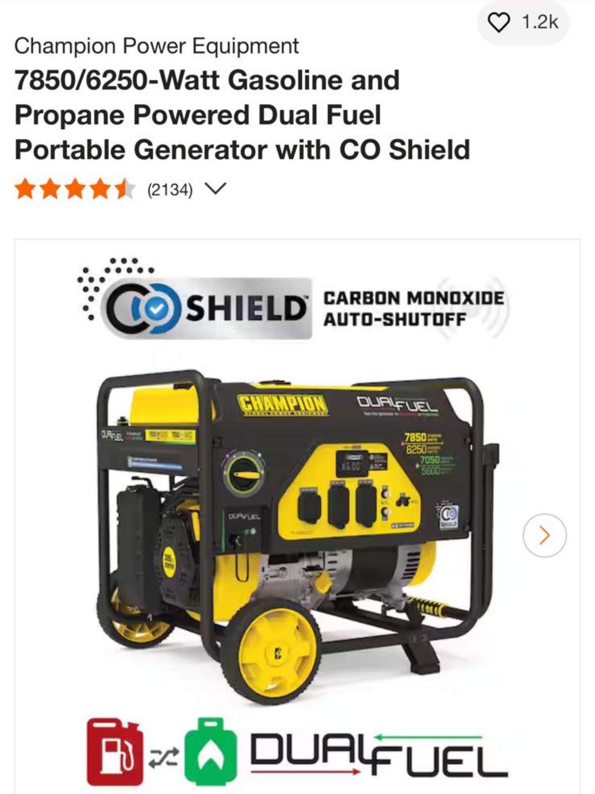 Champion 7850/6250-Watt Gasoline and Propane Powered Dual Fuel Portable Generator with CO Shield
