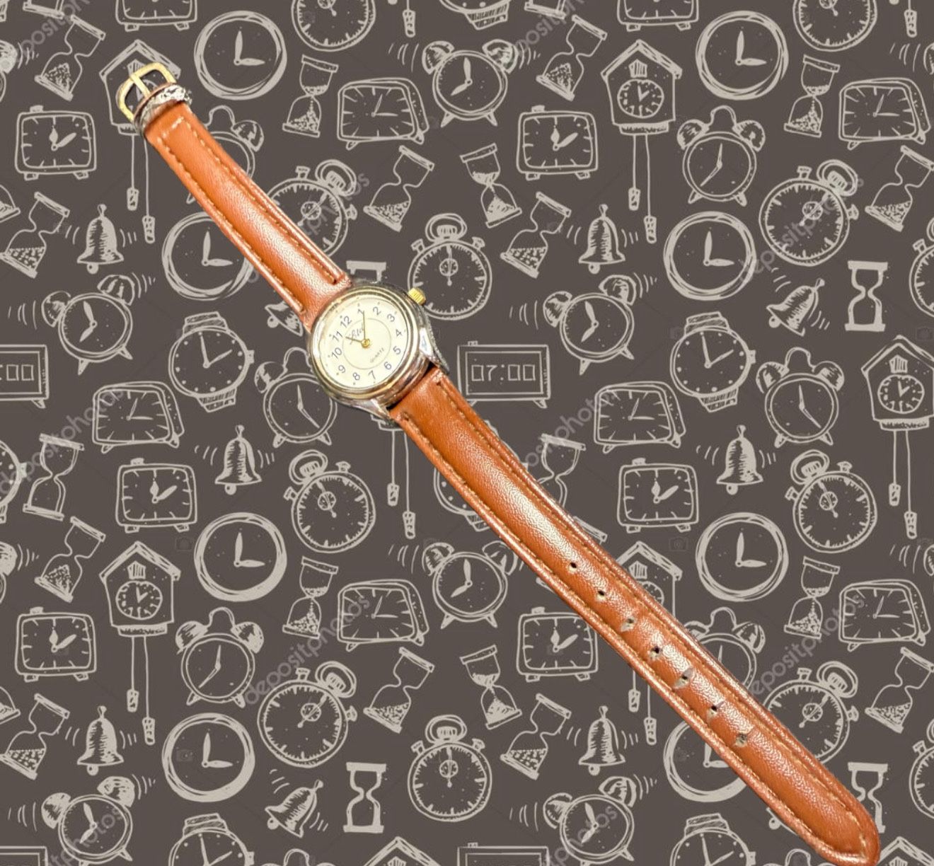 Advance Ltd. 1990s Women’s Silver-Tone Quartz Watch White Dial Brown Strap, 1” AS-IS