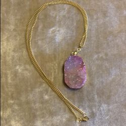 Pink Druzy Crystal Pendant With Matching Brass, Gold PlTex Chain Necklace 