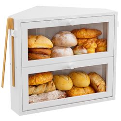 Corner Bread Box for Kitchen Countertop,Double Layer Under Cabinet Organizer (White,  Medium)