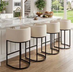 Set of 3-Like New Modern Cream Linen Bar Stools-32” Bar Height