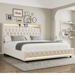 Glastonbury Upholstered Wingback Bed, 4 Drawers Storage Bed with LED Light