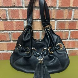 Michael Kors Vintage Black Leather Satchel Shoulder Handbag with Grommet/Tassle