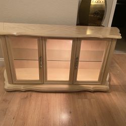 Vintage Wood And Glass Horizontal Display Cabinet With Interior Light 