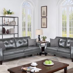2PC Gray Leather Sofa & Loveseat 