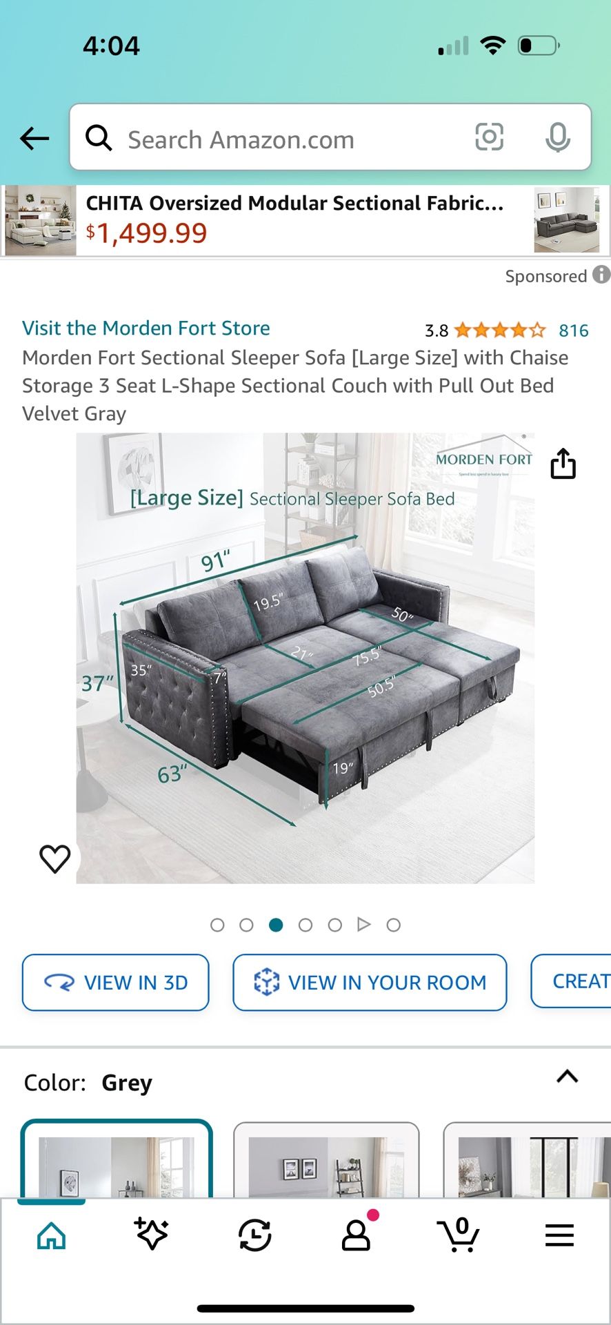 Modern Fort Modular Sectional - Grey Pullout Sleeper 