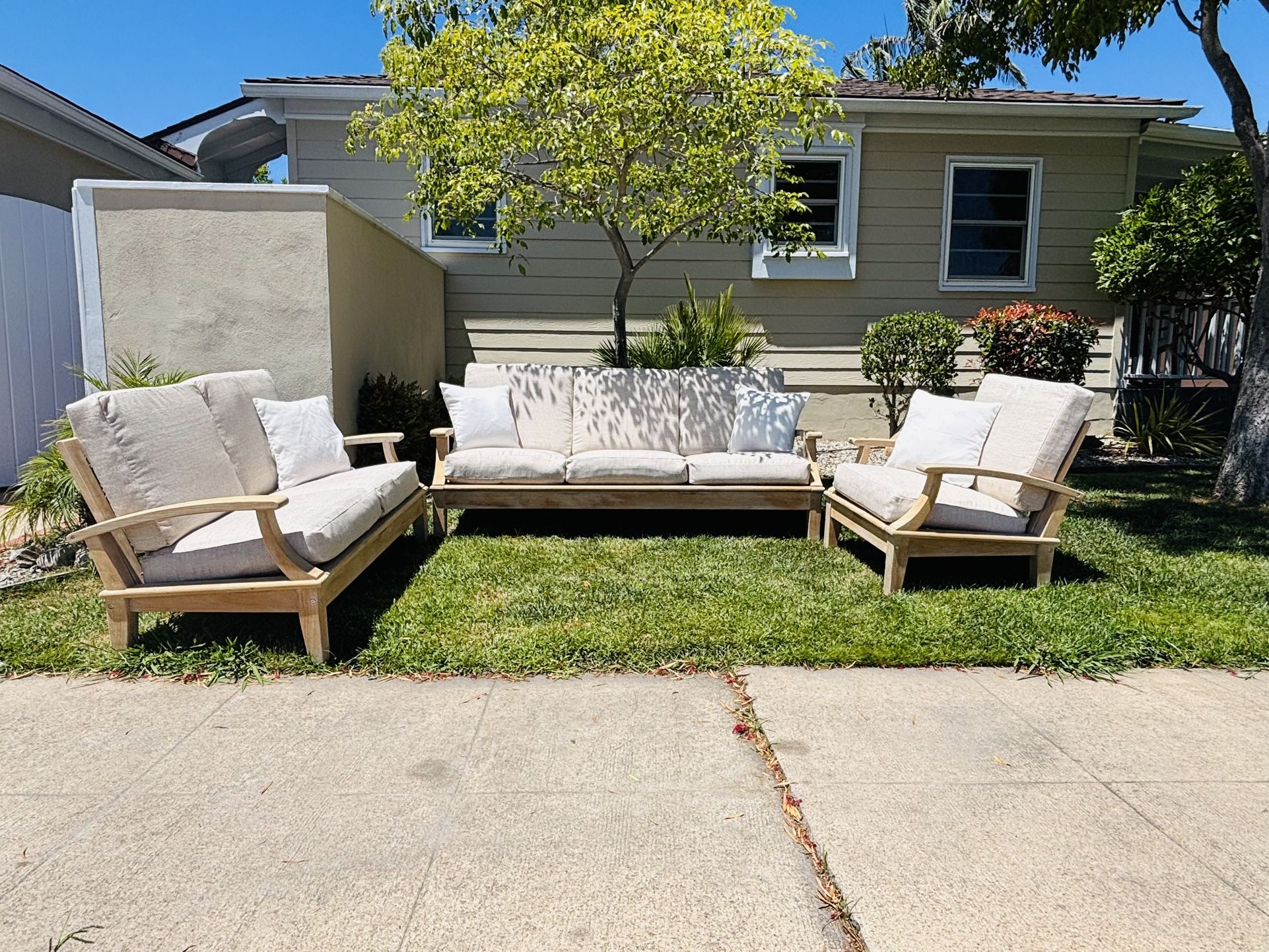 Like New Teak Sofa Collection, Sofa, Loveseat, Club Chair and New Sunbrella Cushions