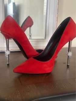 Red Suede Pointed-Toe Pumps with Crystal Heels