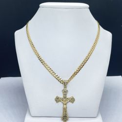 14k Solid Gold Cuban chain and Cross charm , pendant Gold Necklance