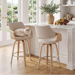 26" Modern Barrel Swivel Counter Stools Counter Height Swivel Bar Stools with Backs Set of 2, Beige Chenille Upholstered Bar Height stools, Farmhouse 