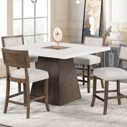 Brand New Dark Walnut & Light Gray 5pc Counter Height Dining Table Set w Marble Top 
