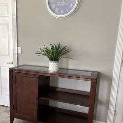 Console Wood Table With Glass Top And Shelves