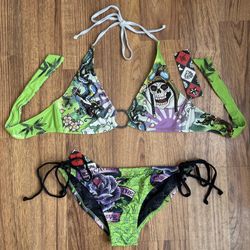 ED HARDY Vintage Y2K Rare Green Skull Dragon String Triangle Edgy Bikini Set