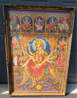 Rare  vintage framed Hindu religious poster of Mata Ambe Durga Sherawali Navdurga (40x27 inches).